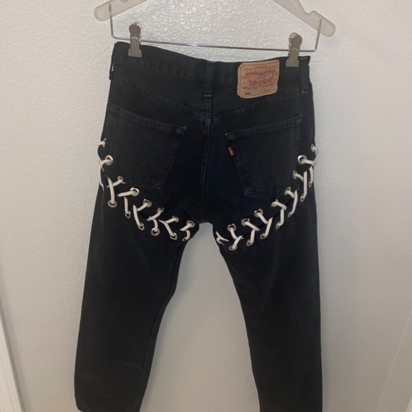 LEVI’S 501 Reworked Upcycled Lace Up Dark Navy Denim Jeans Size Fits 27-… - Picture 3 of 10